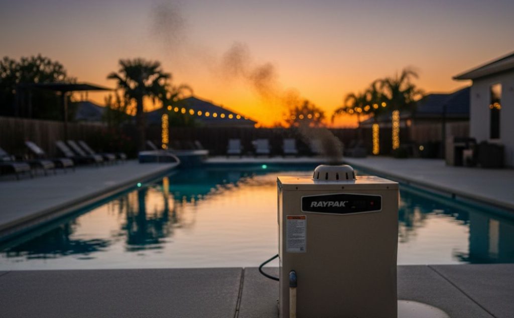 Certified technician repairing a Raypak pool heater beside a backyard swimming pool in Ontario