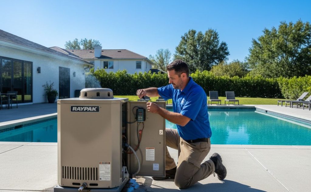  Professional performing Raypak pool heater maintenance for energy efficiency and reliable summer heating