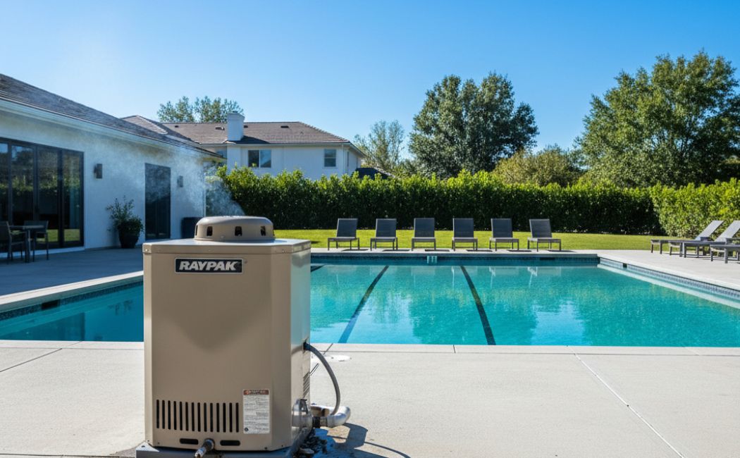 Raypak pool heater beside a clear blue swimming pool at sunset in Ontario