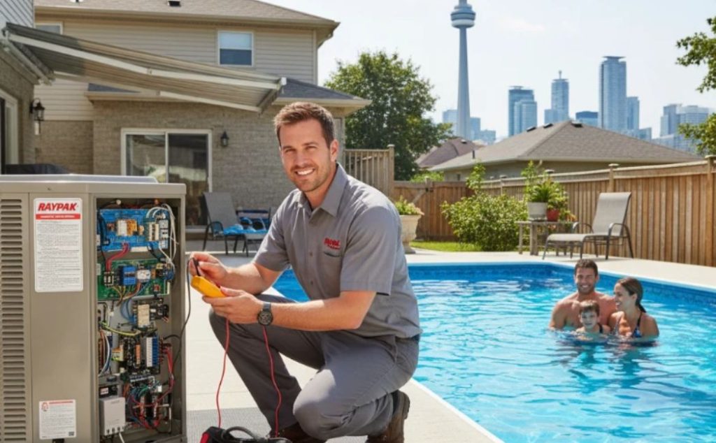 Raypak gas pool heater running next to a clear residential pool in Ontario